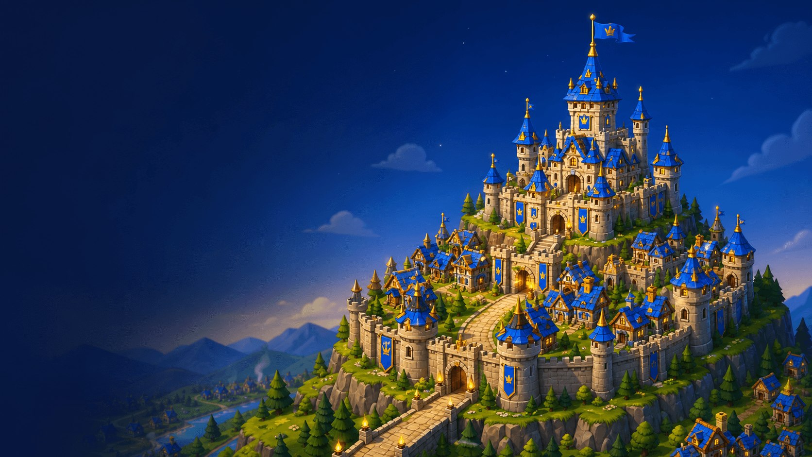 O castelo de Kingdom of Vanguard, vila fortificada numa colina, telhados azul-royal e estandartes dourados