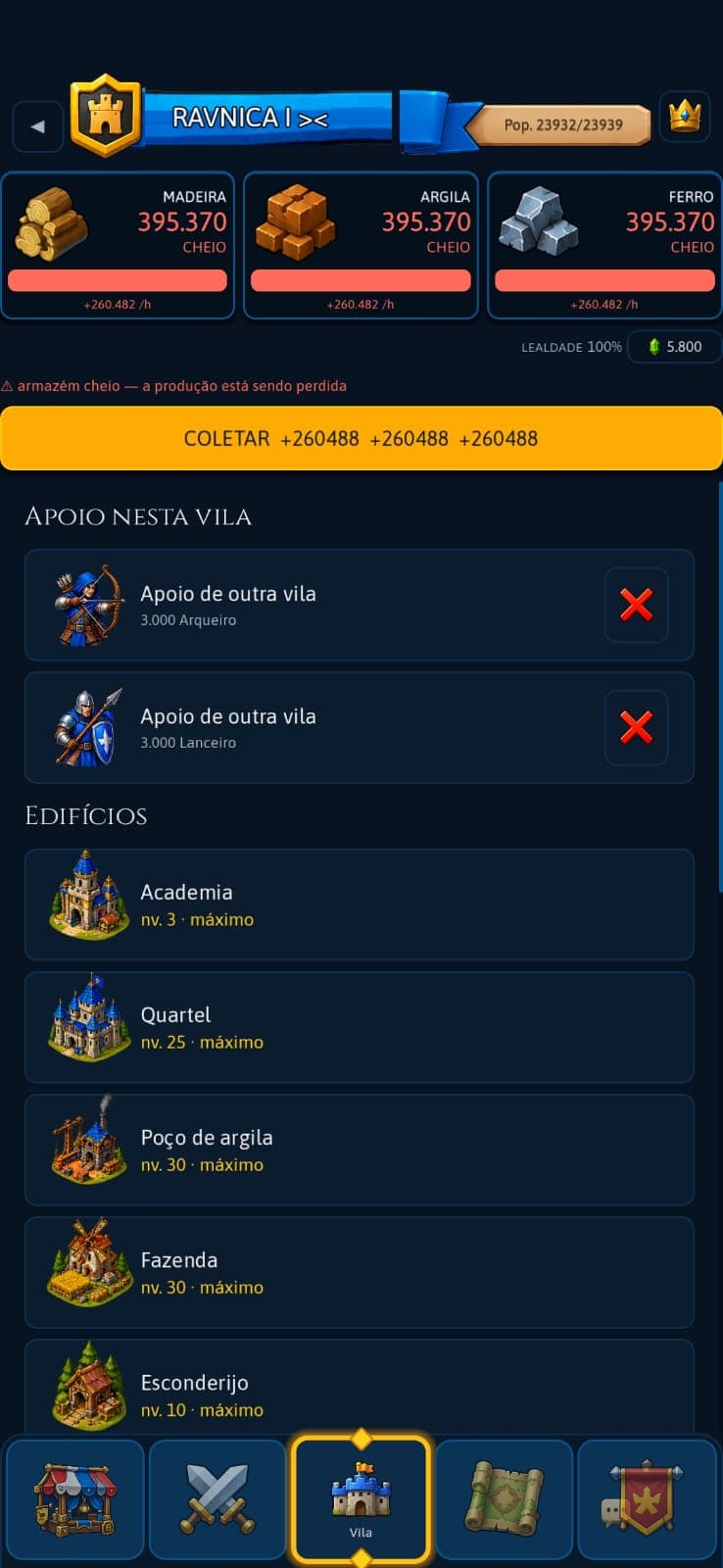 Tela da Vila com os três recursos, apoio de outras vilas e a lista de edifícios construídos
